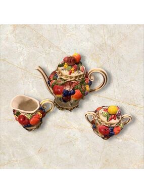 Fitz & Floyd Classics 3-Piece Fruit Embossed Teapot, Sugar Bowl & Creamer Set